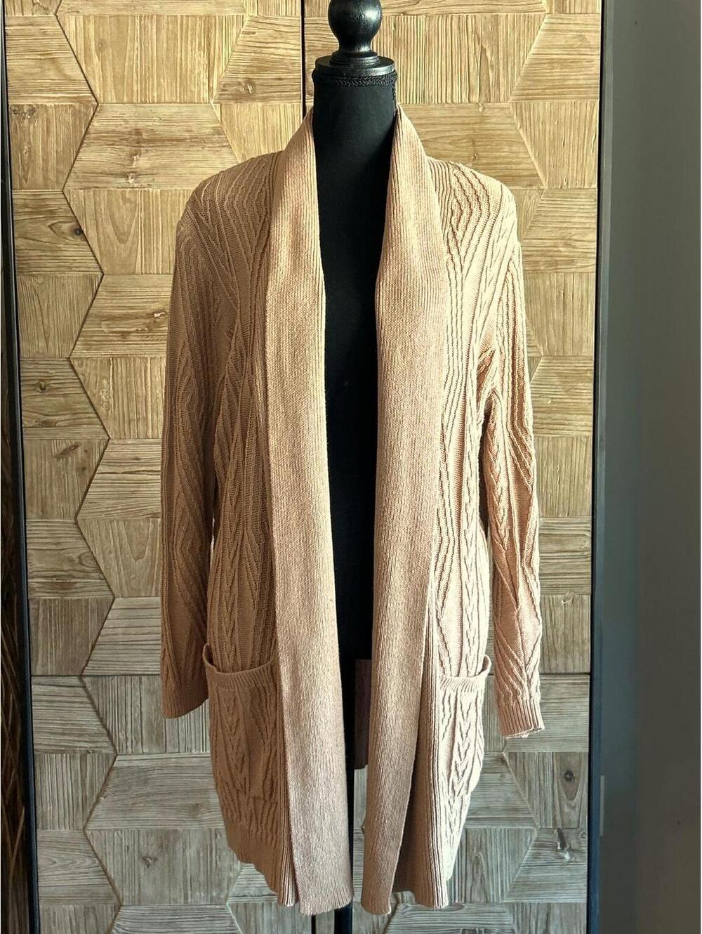 St. Johns Bay Womens Cardigan Large Tan Long Open Knit Front Pockets